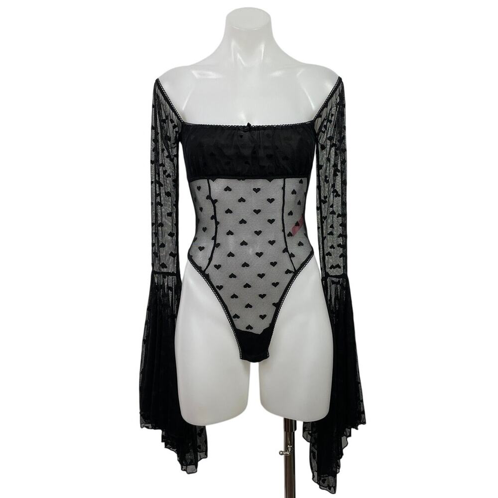Sugar Thrills Women's Black Mesh Sheer Hearts Long Bell Sleeve Bodysuit Top XXS